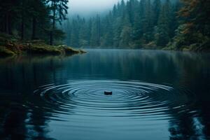 Serene Forest Lake with Rippling Water and Misty Trees for Nature Tranquility photo