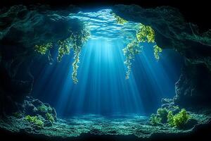 Underwater Grotto with Sunlight Rays and Lush Aquatic Vegetation in a Pristine Ocean Environment photo