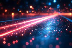 Futuristic Neon Light Trails on Sparkling Reflective Surface - Perfect for Tech-Themed Designs photo