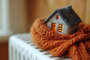 Cozy Winter Warmth Knitted Home Model on Radiator for Comfort and Energy Efficiency photo