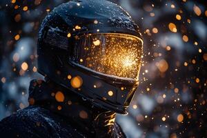Futuristic Winter Adventure Illuminated Helmet Sparkles in Snowy Twilight for Innovative Design photo
