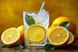 Refreshing Lemon Beverage with Ice and Straw in Sunny Citrus Arrangement photo