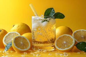 Refreshing Citrus Beverage with Lemons on a Vibrant Yellow Background for Summer Design photo