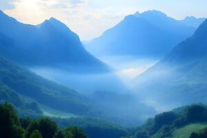 Serene Mountain Landscape with Morning Mist and Sunlight for Nature Retreat Design photo