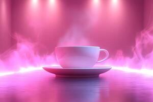 Steaming Hot Coffee Cup in Pink Neon Glow for Modern Digital Art photo