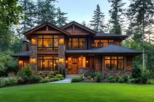 Modern Suburban Home in Forested Setting with Lush Landscaping and Illuminated Windows photo