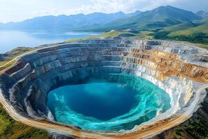 Breathtaking Aerial View of Magnificent Open-Pit Mine by Mountain Lake photo