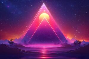Surreal Sunset Over Tropical Island with Futuristic Geometric Design for Artwork or Digital Projects photo