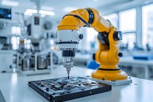 Robotic Arm Assembling Circuit Board in Modern Laboratory for Technological Innovation photo