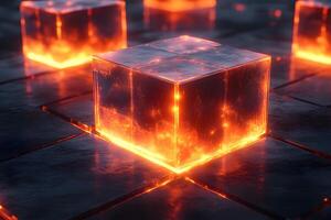 Futuristic Glowing Lava Cubes on Metallic Surface for Sci-Fi Design and Backgrounds photo