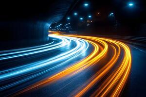 Dynamic Light Trails in Tunnel at Night Long Exposure Photography for Modern Art and Design photo