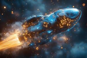 Futuristic Rocket Launch in Space with Fiery Trail and Glowing Lights - Design for Sci-Fi Posters photo