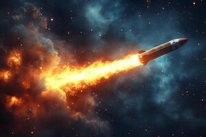 Space Exploration Concept Rocket Launch in Cosmic Cloudscape for Science Poster photo