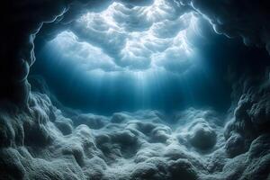 Serene Underwater Cave with Sunlight Rays Illuminating Calm Ocean Depths photo