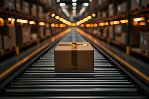 Efficient Logistics and Shipping Cardboard Box on Conveyor Belt in Warehouse photo
