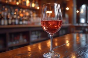 Elegant Glass of Ros Wine in Cozy Bar Setting for Relaxation and Enjoyment photo