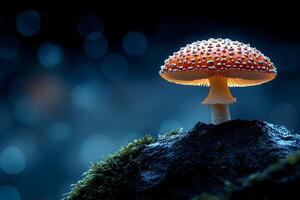 Mystical Glow of a Fly Agaric Mushroom in a Night Forest Scene for Nature Photography photo