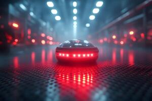Futuristic Robotic Device in a High-Tech Industrial Environment with Red LED Lights photo
