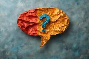 Colorful Crumpled Paper Speech Bubble with Question Mark for Communication and Inquiry Concepts photo