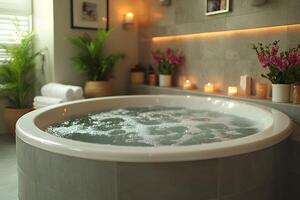Luxurious Home Spa Experience with Aromatic Candles and Modern Jacuzzi Design photo
