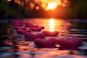 Romantic Sunset with Floating Red Hearts on Tranquil Water Surface photo