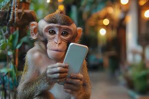 Curious Monkey Using Smartphone in Nature Setting for Digital Age Concept photo