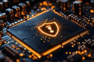 Futuristic Cybersecurity Concept with Glowing Circuit Board and Shield Icon Design for Technology Posters photo