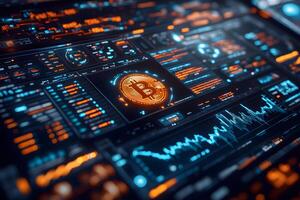 Cryptocurrency Data Analysis with Bitcoin Focus on High-Tech Digital Dashboard for Finance Management photo