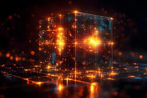 Futuristic Digital Cube with Glowing Lights for Technology and Innovation Themes photo