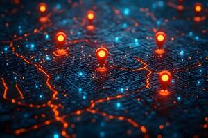 Futuristic Digital Navigation Concept with Glowing Map Pins photo