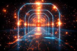 Futuristic Neon Tunnel with Glowing Lights in a Digital Space - Perfect for Tech-Themed Design or Virtual Environments photo