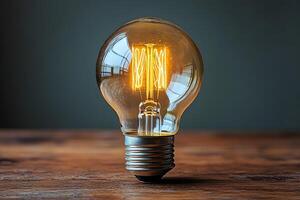 Vintage Incandescent Light Bulb on Wooden Surface for Creativity and Innovation Concepts photo