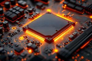 Glowing Microchip on Circuit Board - Technology and Innovation Concept for Digital Era Design photo
