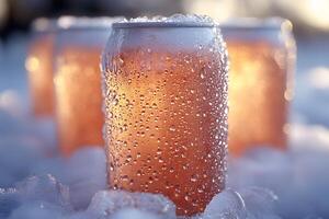 Refreshing Chilled Beverage Cans with Dew in a Frosty Setting for Beverage Advertising photo