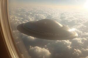 UFO Encounter Above the Clouds - Mysterious Spaceship Sighting from Airplane Window photo