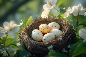 Spring Nest with Speckled Eggs and Blossoms in Sunlit Garden photo