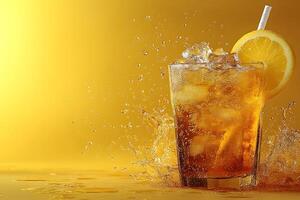 Refreshing Lemon Iced Tea Splash with Ice and Citrus Slice on Yellow Background photo