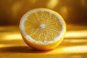 Vibrant Lemon Half on Yellow Background for Fresh Citrus Design photo