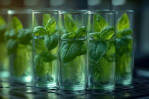Fresh Basil Leaves in Transparent Glasses with Water - Nature and Culinary Concept photo