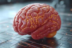 Artificial Intelligence Concept Brain with Neural Networks on Circuit Board Background for Technology Design photo