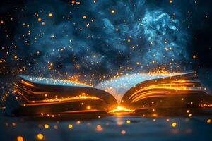 Mystical Open Book with Magical Glow and Sparks photo