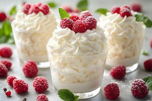 Decadent Raspberry and Cream Dessert in Elegant Glasses for a Sophisticated Culinary Presentation photo
