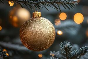 Elegant Christmas Ornament with Golden Glow on Snowy Pine Tree Branch photo