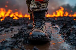 Firefighter Boots in Muddy Terrain During Blaze Control Operations photo