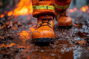 Firefighter Resilience Steadfast Amidst Flames and Mud photo