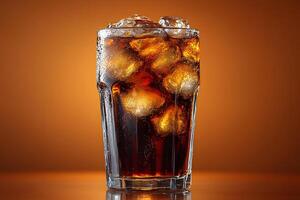 Refreshing Iced Cola Beverage on Amber Background for Summer Refreshment Concepts photo