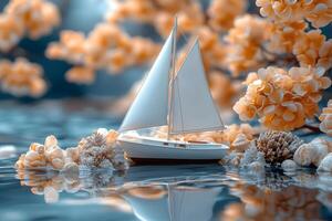Tranquil Sailing Concept with Blossoming Nature and Miniature Sailboat Design for Posters photo