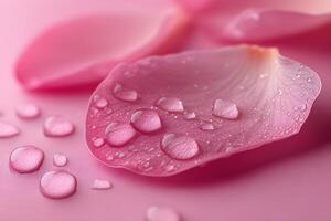 Delicate Pink Rose Petals with Dewdrops on Soft Pink Background - Nature Concept photo
