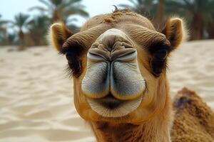 Close-Up of a Young Camel in Desert Oasis Setting for Nature and Wildlife Themes photo