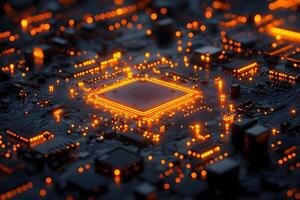 Futuristic Technology Circuit Board with Glowing Microchip for Digital Innovation Designs photo